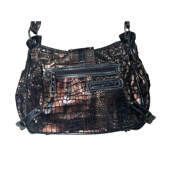 M.C.Metallic Bronze Crocodile Embossed Buckle Bag Braided Handle Purse - Picture 7 of 15